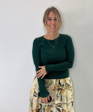 Forest Green Pointelle Knit Sweater with Feminine ruffle sleeves and soft lightweight texture