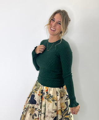 Forest Green Pointelle Knit Sweater with Feminine ruffle sleeves and soft lightweight texture