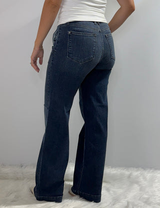 Judy Blue dark wash trouser jeans with wide-leg fit, front and back pockets, and mid-rise waist. 