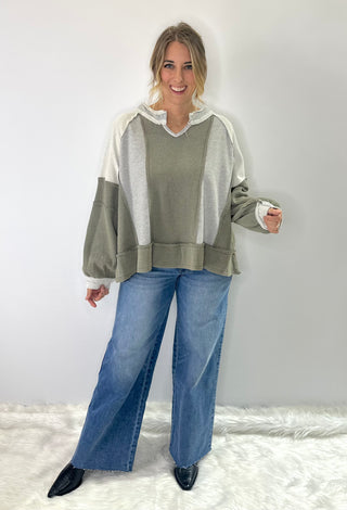Pol Oversized knit top with notched neckline, frayed edges, french terry and thermal mix in beige or gray
