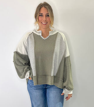 Pol Oversized knit top with notched neckline, frayed edges, french terry and thermal mix in beige or gray