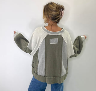 Pol Oversized knit top with notched neckline, frayed edges, french terry and thermal mix in beige or gray