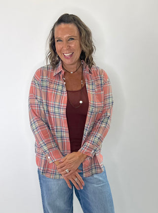 Relaxed Plaid Cotton Blend button down shirt in Dusty Rose