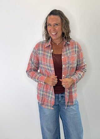 Relaxed Plaid Cotton Blend button down shirt in Dusty Rose