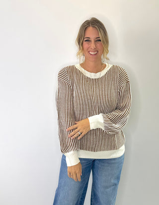 Cream and Rust striped ribbed knit sweater with balloon sleeves and relaxed fit