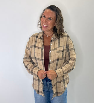 Relaxed Plaid Cotton Blend button down shirt in Khaki