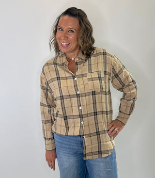 Relaxed Plaid Cotton Blend button down shirt in Khaki