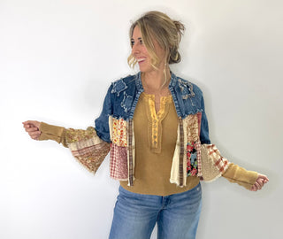 Cropped Boho Shrug Top with denim and tiered patchwork panels featuring a raw hem