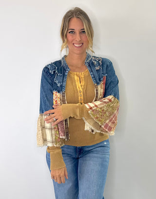 Cropped Boho Shrug Top with denim and tiered patchwork panels featuring a raw hem