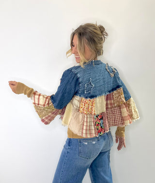 Cropped Boho Shrug Top with denim and tiered patchwork panels featuring a raw hem