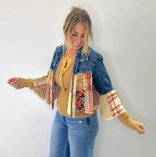 Cropped Boho Shrug Top with denim and tiered patchwork panels featuring a raw hem