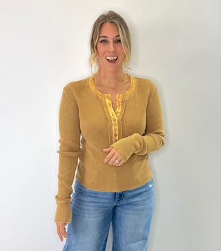 Coffee Yellow thermal knit top with button front detail and thumb hole sleeves