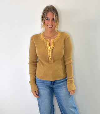 Coffee Yellow thermal knit top with button front detail and thumb hole sleeves