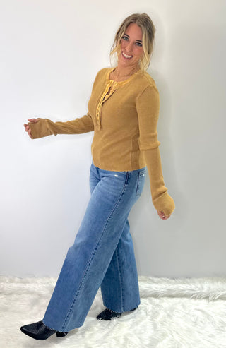 Coffee Yellow thermal knit top with button front detail and thumb hole sleeves