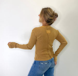 Coffee Yellow thermal knit top with button front detail and thumb hole sleeves