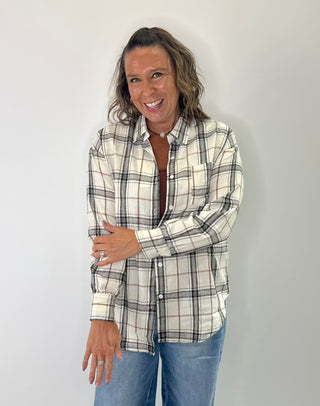 Relaxed plaid cotton blend button down shirt in cream black and golden rust hues