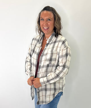 Relaxed plaid cotton blend button down shirt in cream black and golden rust hues