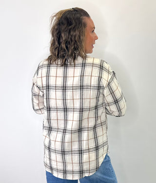 Relaxed plaid cotton blend button down shirt in cream black and golden rust hues