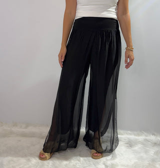 Italian made silk palazzo pants with side slits, full lining and an elastic waistband in black, taupe or beige
