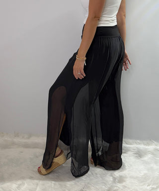 Italian made silk palazzo pants with side slits, full lining and an elastic waistband in black, taupe or cream