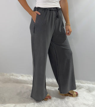 Gray Cotton foil pants with elastic drawstring waistband, wide legs and side pockets, relaxed fit one size fits most