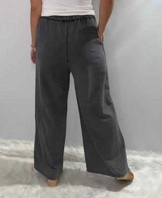 Gray Cotton foil pants with elastic drawstring waistband, wide legs and side pockets, relaxed fit one size fits most