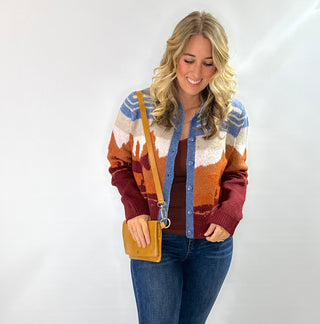 Western Charm button front collared cardigan in rust, cream, and blue with a western inspired print