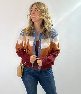 Western Charm button front collared cardigan in rust, cream, and blue with a western inspired print