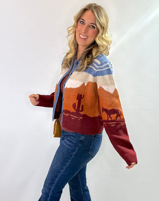 Western Charm button front collared cardigan in rust, cream, and blue with a western inspired print