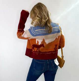 Western Charm button front collared cardigan in rust, cream, and blue with a western inspired print