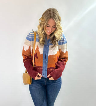 Western Charm button front collared cardigan in rust, cream, and blue with a western inspired print