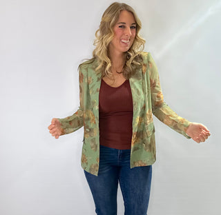 Green floral double-breasted fitted blazer with sheer long sleeves, two buttons and pocket flaps
