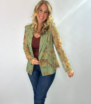 Green floral double-breasted fitted blazer with sheer long sleeves, two buttons and pocket flaps