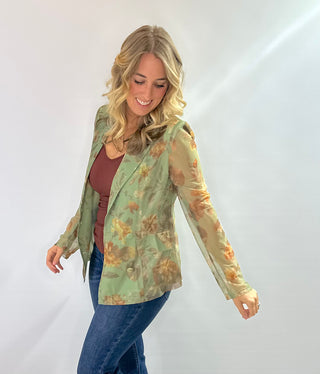 Green floral double-breasted fitted blazer with sheer long sleeves, two buttons and pocket flaps