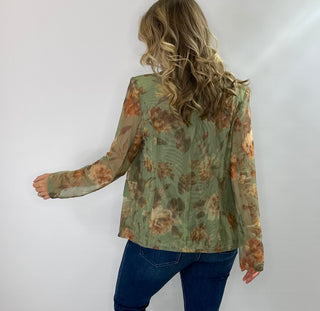 Green floral double-breasted fitted blazer with sheer long sleeves, two buttons and pocket flaps