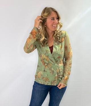 Green floral double-breasted fitted blazer with sheer long sleeves, two buttons and pocket flaps