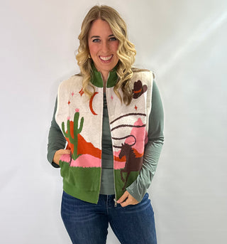 Western knit zip-up sleeveless sweater vest with high neck and pockets in green, cream, rust and blush pink