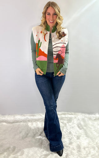 Western knit zip-up sleeveless sweater vest with high neck and pockets in green, cream, rust and blush pink