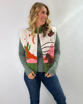 Western knit zip-up sleeveless sweater vest with high neck and pockets in green, cream, rust and blush pink