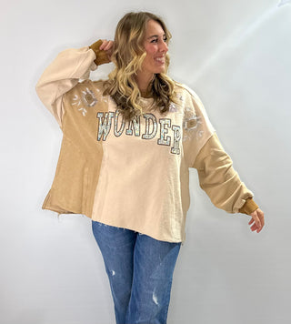 Oversized color block sweatshirt with flower embroidery and patchwork details by Blue Velvet