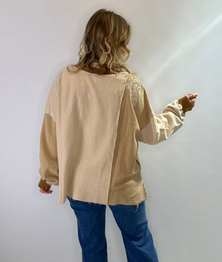 Oversized color block sweatshirt with flower embroidery and patchwork details by Blue Velvet