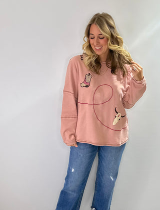 Pink long-sleeve boatneck western embroidered top 