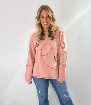 Pink long-sleeve boatneck western embroidered top 