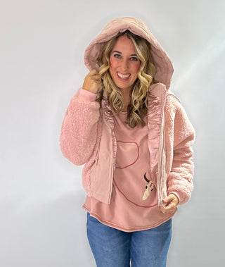 Light Pink Fleece and corduroy front-zip puffer jacket with hood and pockets