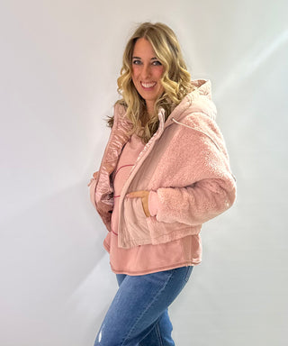 Light Pink Fleece and corduroy front-zip puffer jacket with hood and pockets