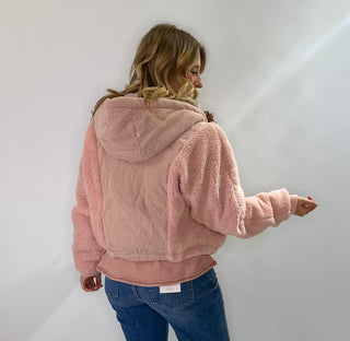 Light Pink Fleece and corduroy front-zip puffer jacket with hood and pockets