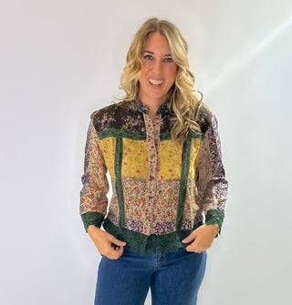 Boho patchwork floral button-down cropped top with crochet hem and sleeve details