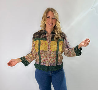 Boho patchwork floral button-down cropped top with crochet hem and sleeve details