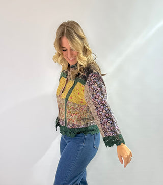 Boho patchwork floral button-down cropped top with crochet hem and sleeve details
