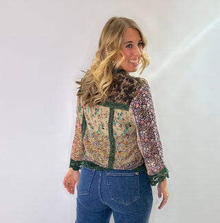 Boho patchwork floral button-down cropped top with crochet hem and sleeve details